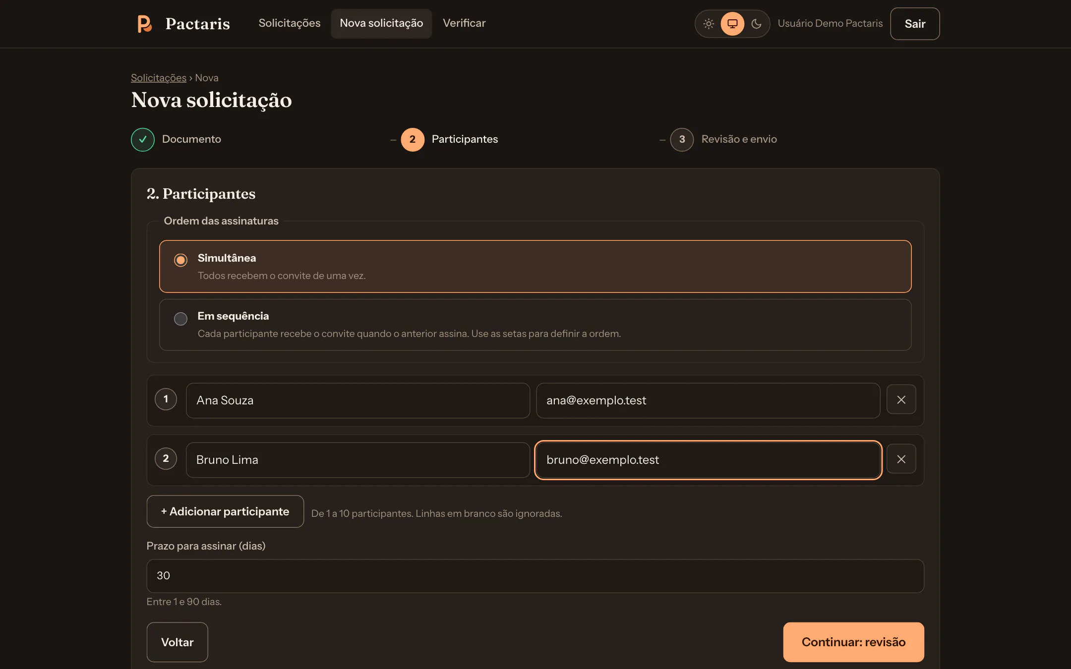 Pactaris new request screen, at the participants step: signing order (simultaneous or sequential), the name of each participant and e-mail, and the deadline. Fictional data.