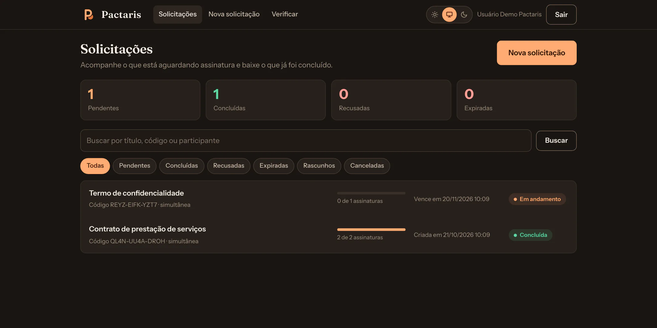 Pactaris dashboard with counters for pending, completed, refused and expired requests, search, status filters and the list with the progress of each request. Fictional data.